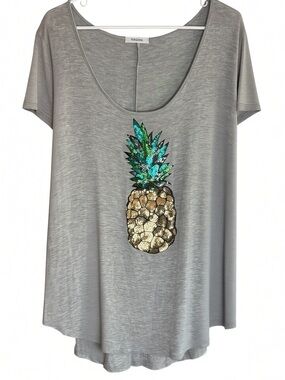 PERSAYA 1X Gray Sequined Pineapple Short Sleeve Tee Scoop Neck Top